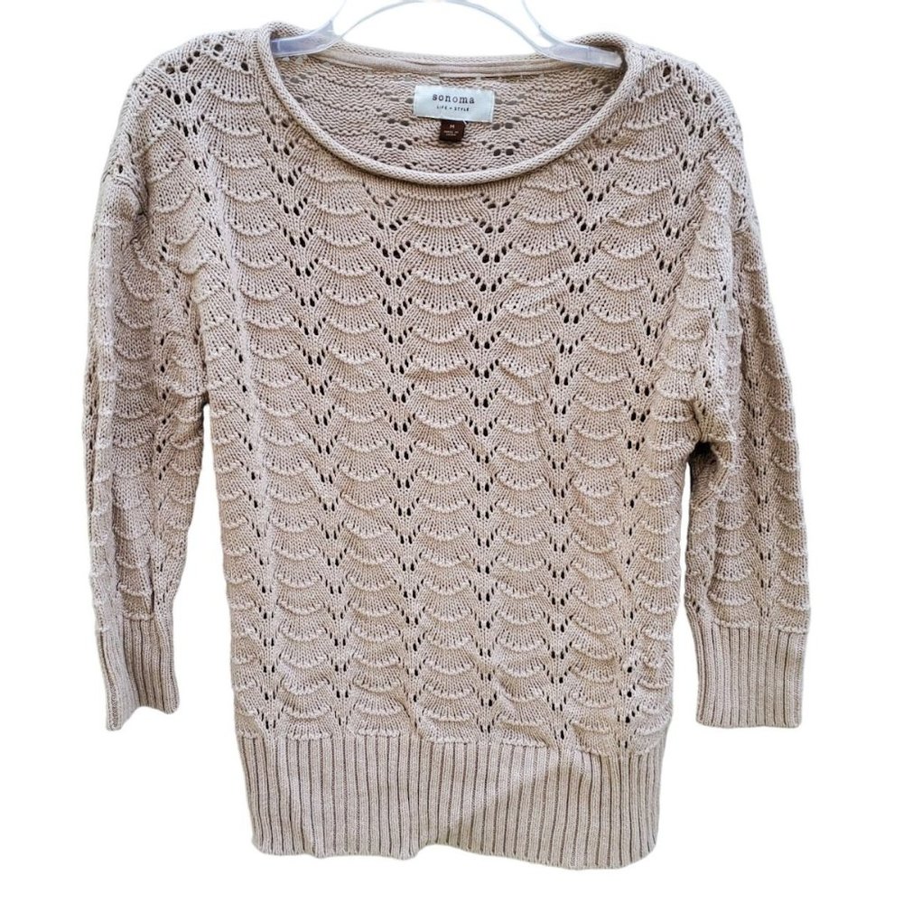 Sonoma Open Knit Scoop Neck Sweater Pullover Sexy Ivory Beige Fitted Waist M